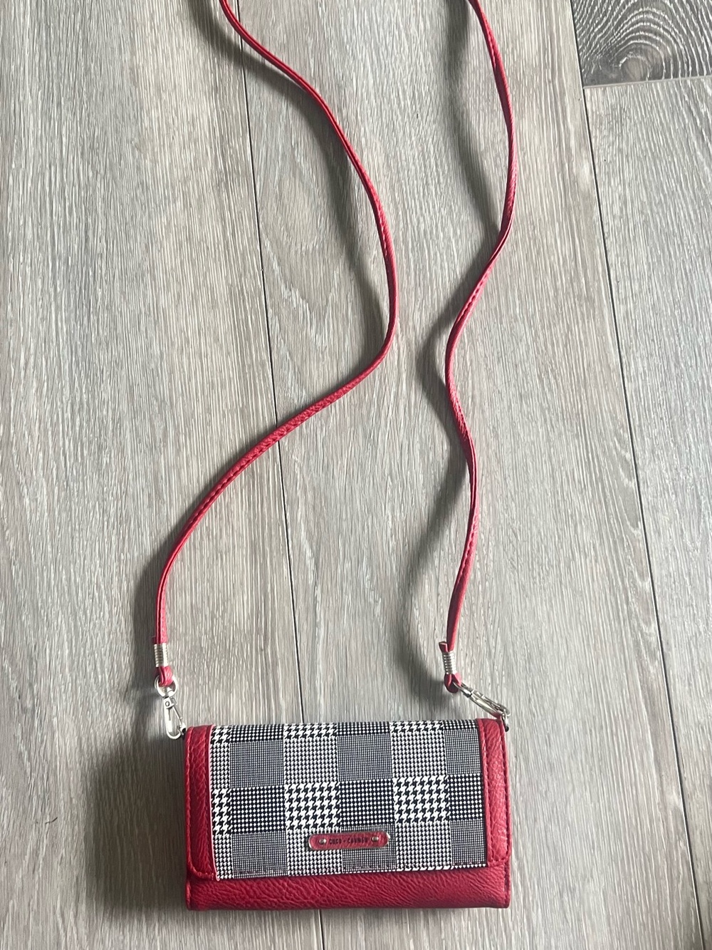 Coco + Carmen Red Crossbody Wallet with Black-and-White Plaid Front Panel